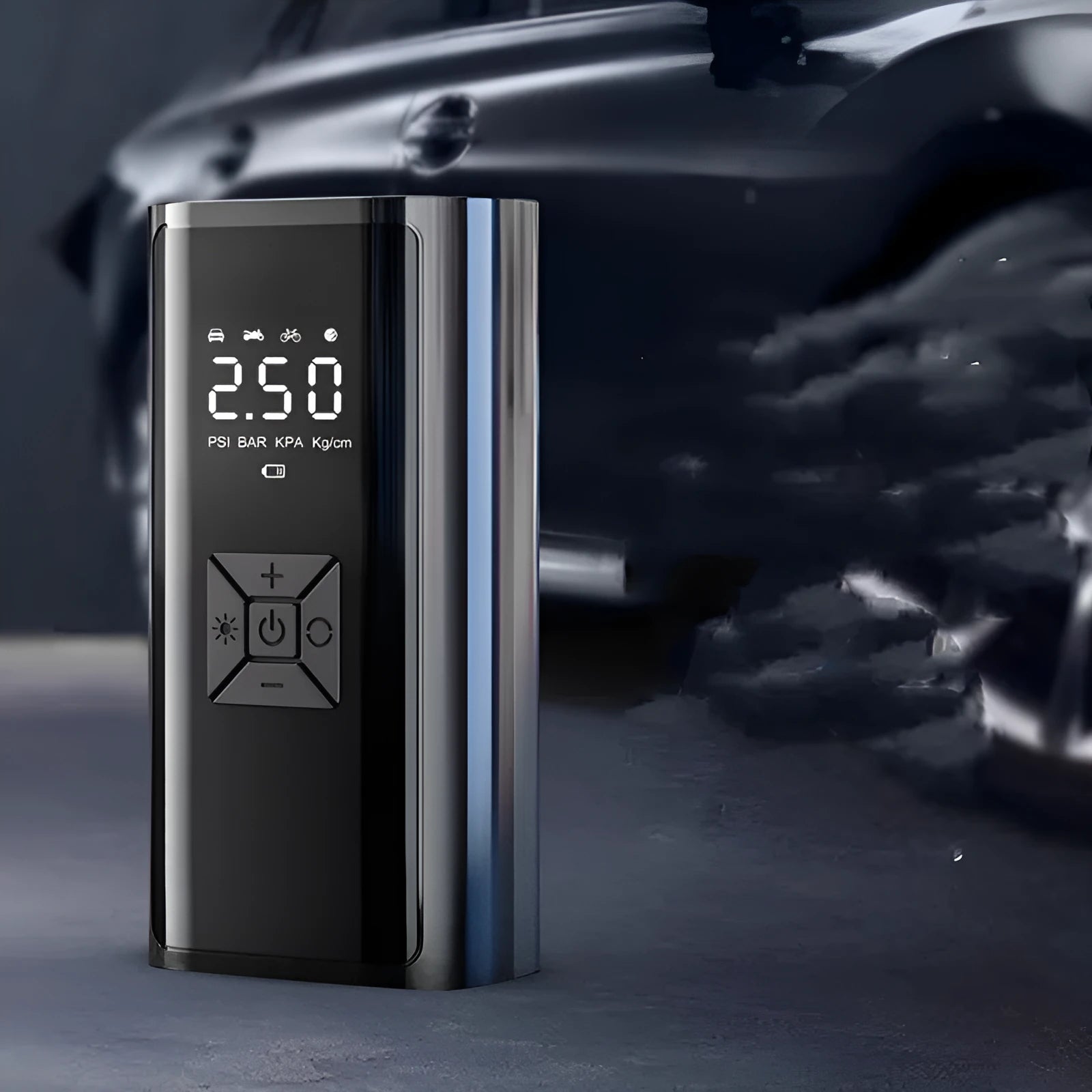 Portable wireless digital car tyre pump with display screen and USB charging port