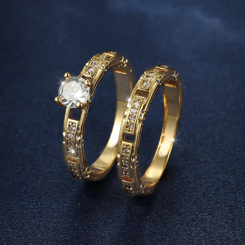 Gold electroplated alloy couple ring set with micro inlaid zircon, geometric shape, sizes No 5 to No 11