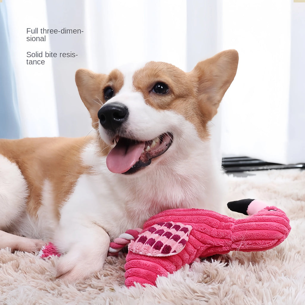 Pink animal-shaped corduroy dog toy with squeaker for bite-resistant play