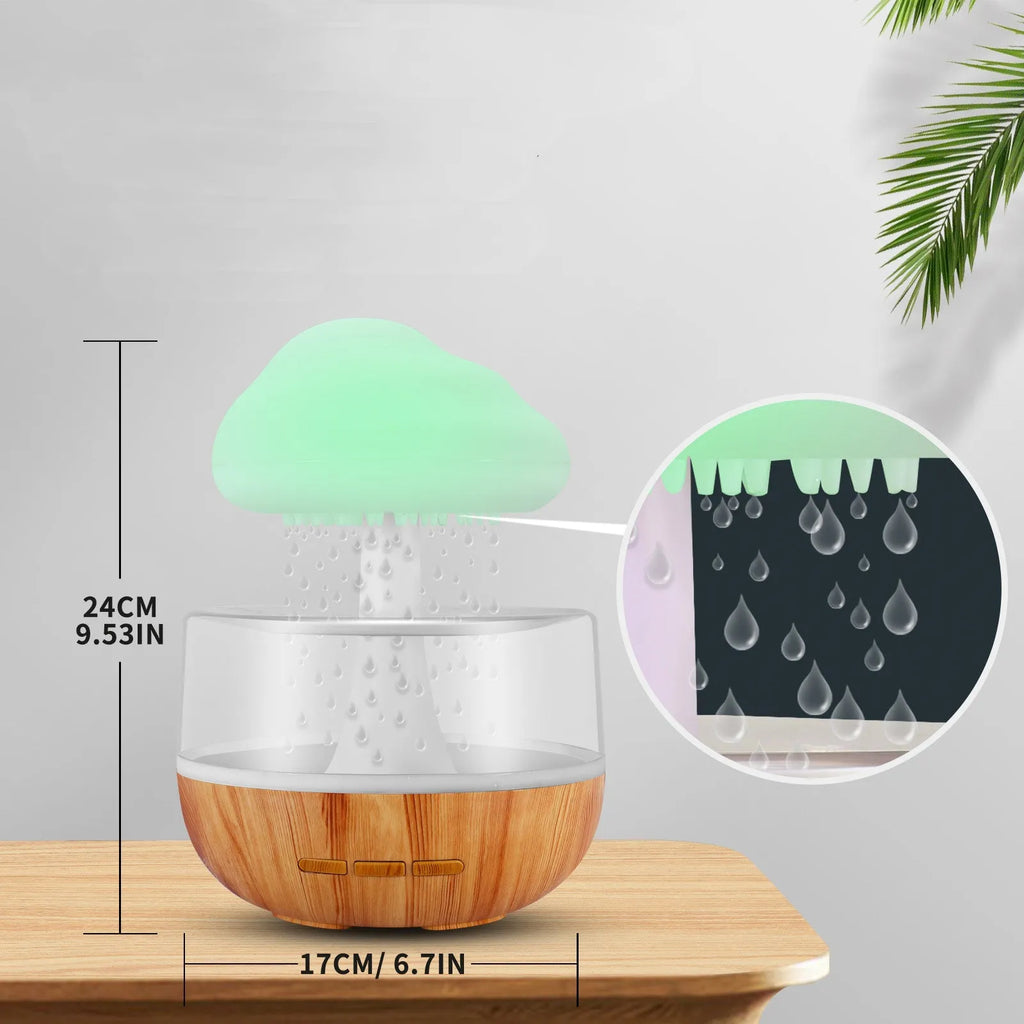 White cloud-shaped USB humidifier with 400ml tank, 7-colour LED light, and aromatherapy diffuser on a desk