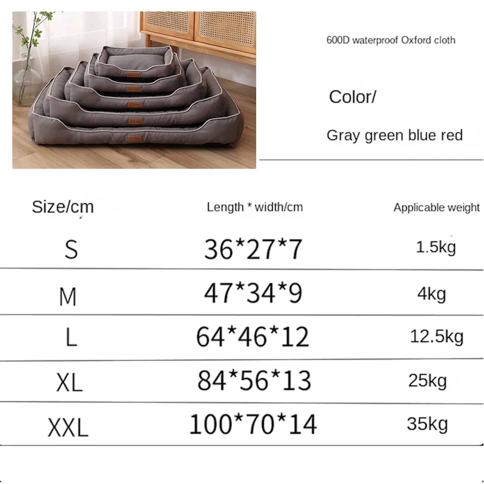 Grey raised cushion dog sofa bed with a waterproof Oxford cloth cover on a wooden floor.