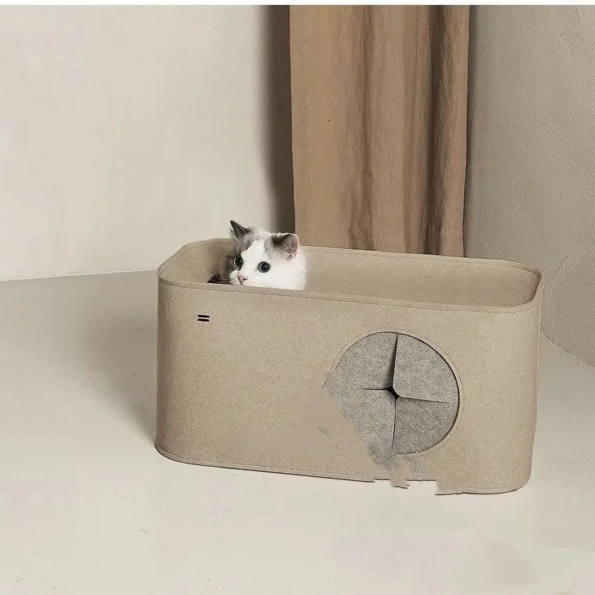 Grey foldable felt cat nest bed in cage style design for indoor cats.
