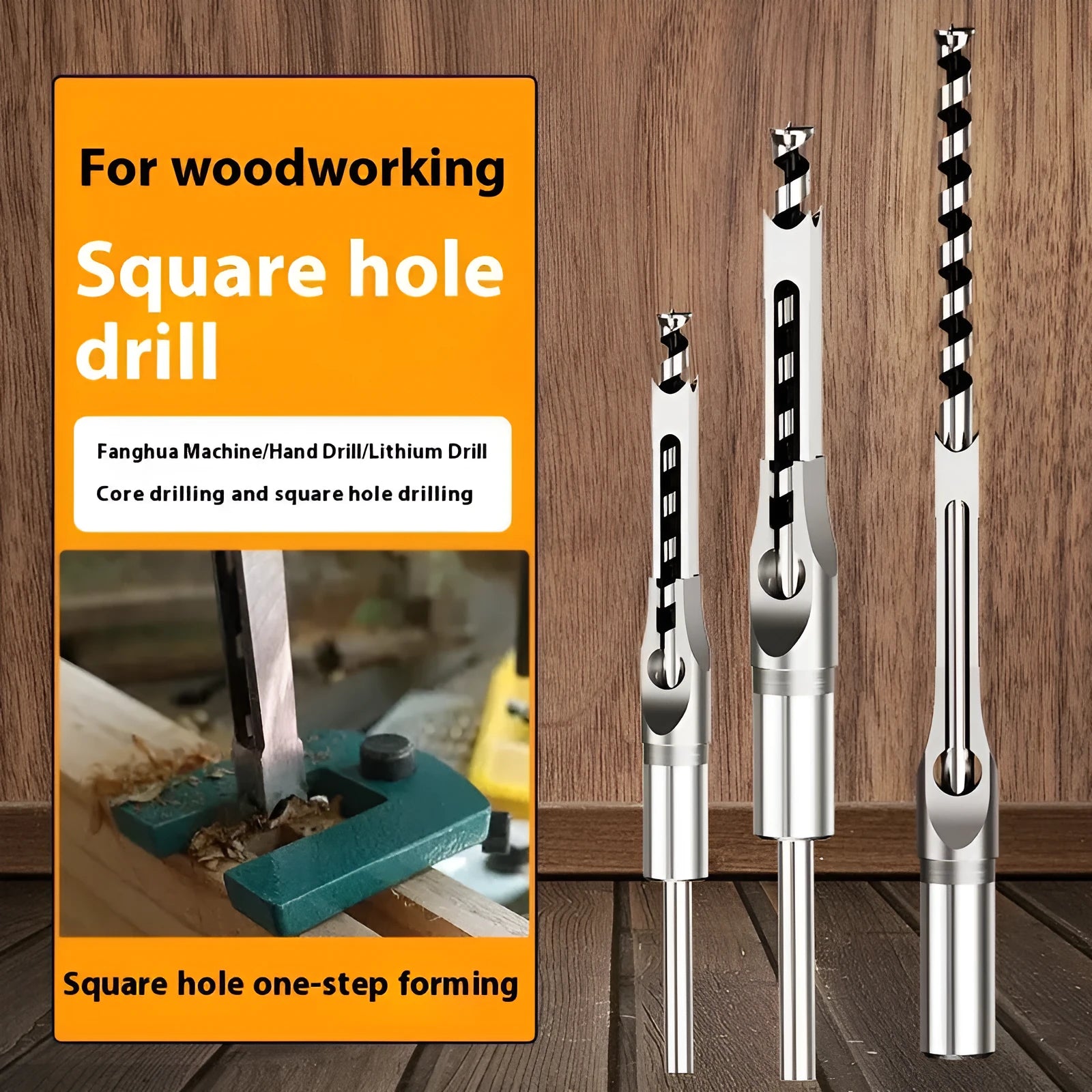 12.7mm carbon steel square hole drill bit and tapper set for woodworking.