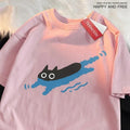 T Diving Black Cat short-sleeved leisure top in pure cotton, available in multiple colours and sizes including plus options