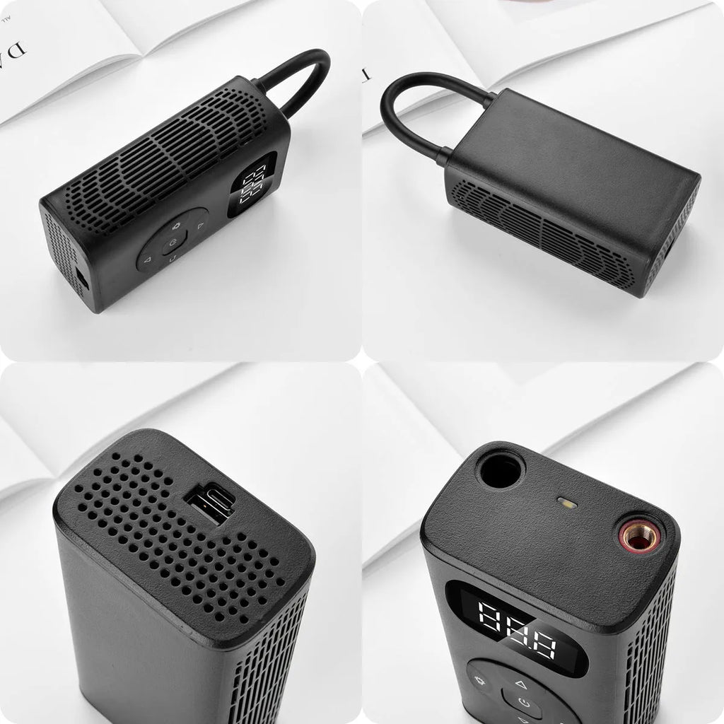 Black power bank tyre inflator with 16cm tube, 12x6.5x4.2cm size, for car motorcycle bicycle inflation