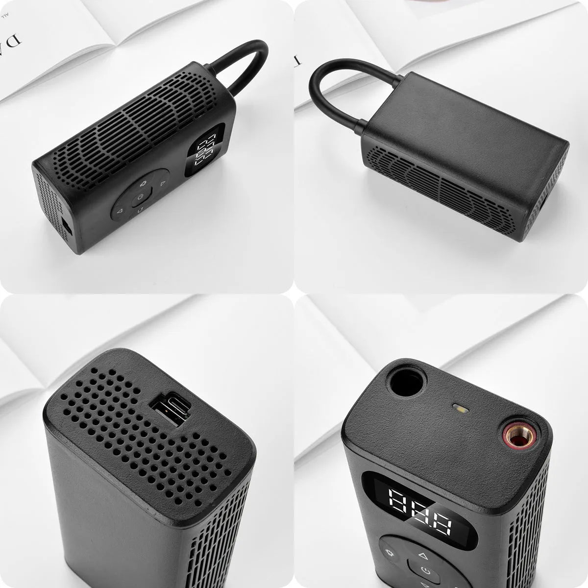 Black power bank tyre inflator with 16cm tube, 12x6.5x4.2cm size, for car motorcycle bicycle inflation