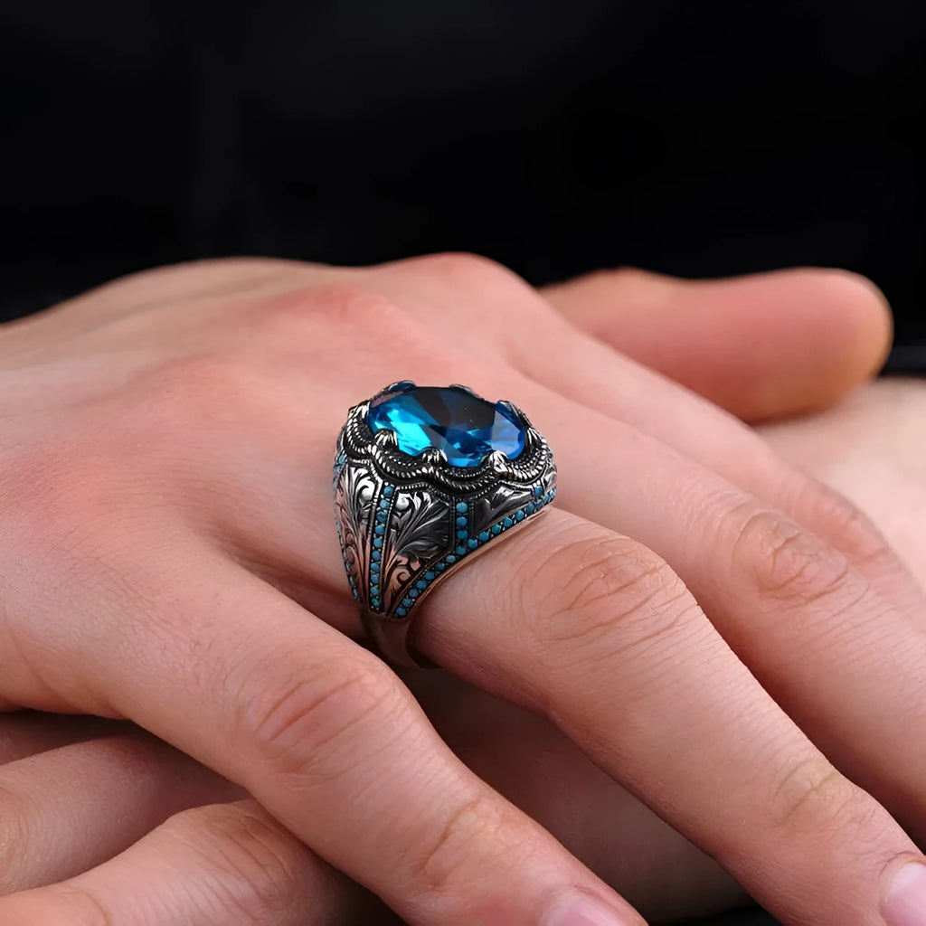Geometric couple ring with blue zircon stone in antique silver finish