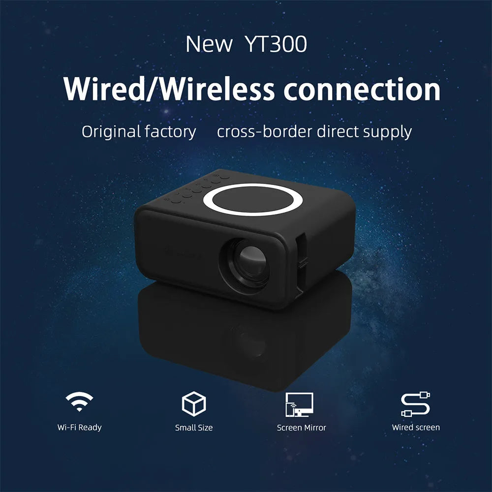 Black YT300 portable mini projector on a table, projecting a movie scene onto a wall.