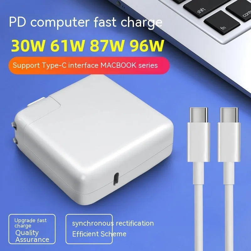 Compact square white laptop USB-C power adapter with optional international plug heads
