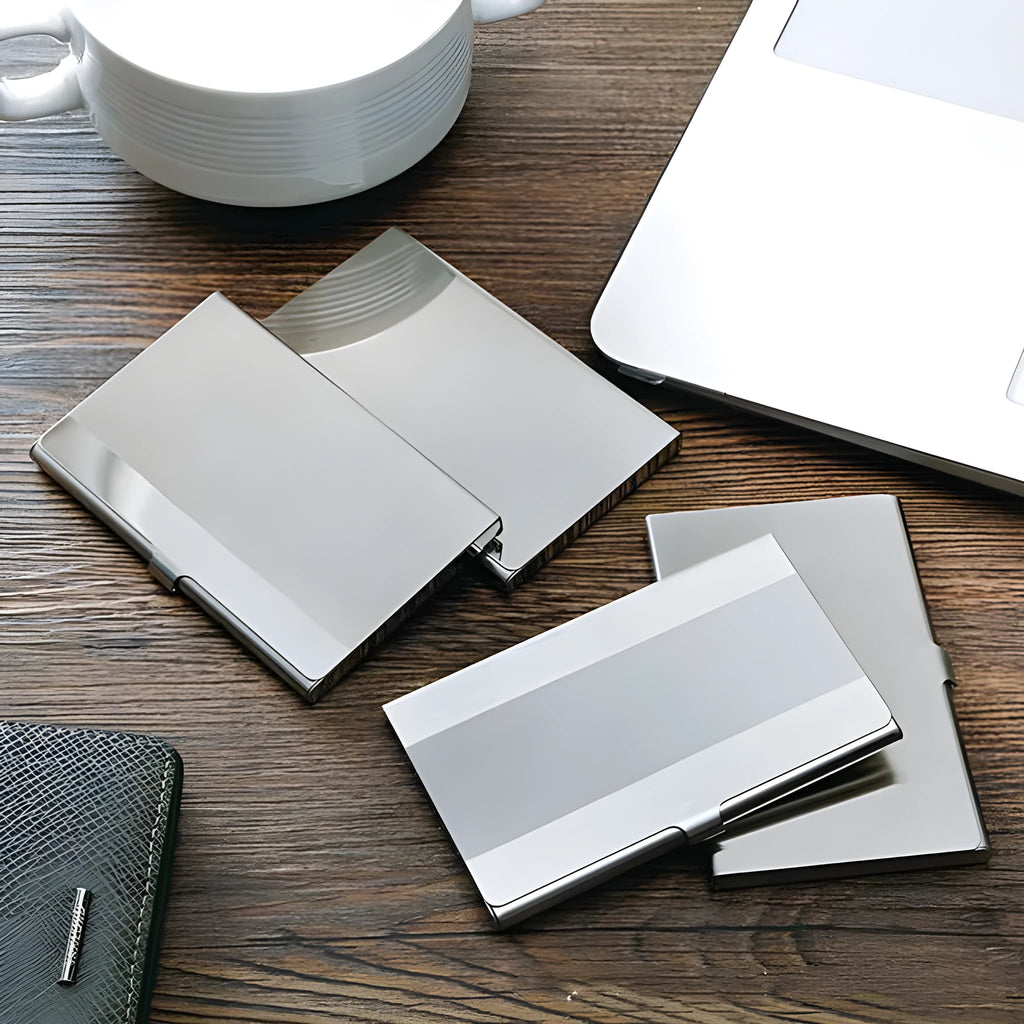 304 stainless steel business card case with laser geometric engraving and mirror finish