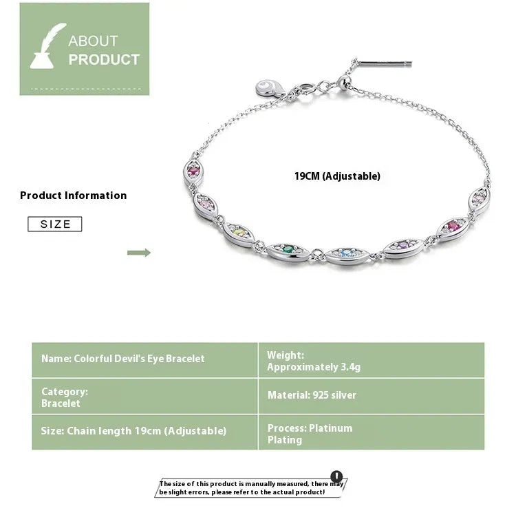 Silver devil's eye bracelet for women with colourful electroplated eye charm in cold wind style