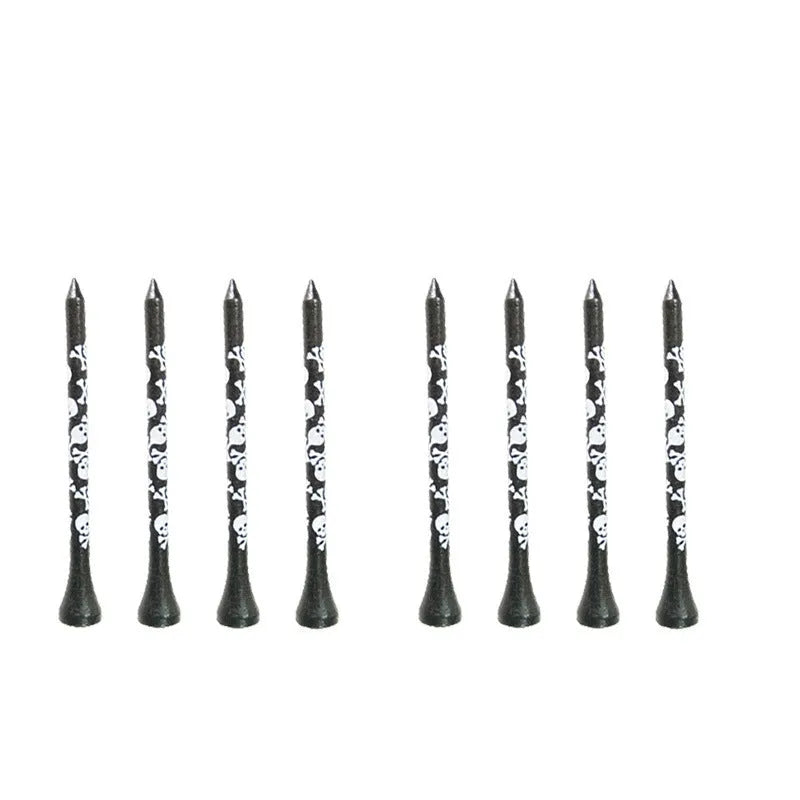 Ten black bamboo golf spike dowel pins with skull print, shown in 70mm and 83mm lengths.