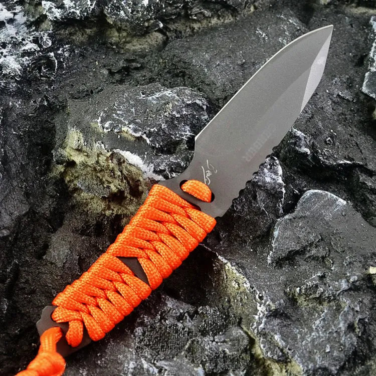 Outdoor camping rope knife with straight blade and ABS sheath showing measurements