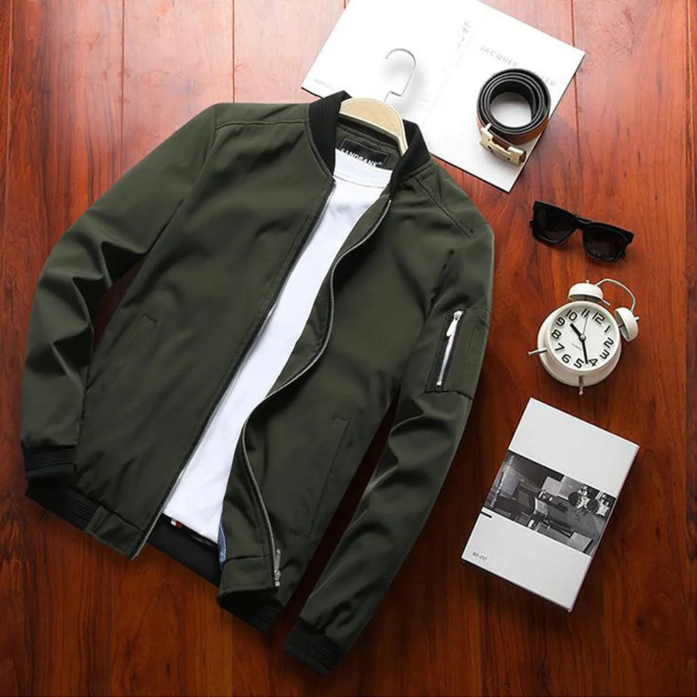 Men's slim-fit baseball jacket in red with side zippered pockets and ribbed cuffs