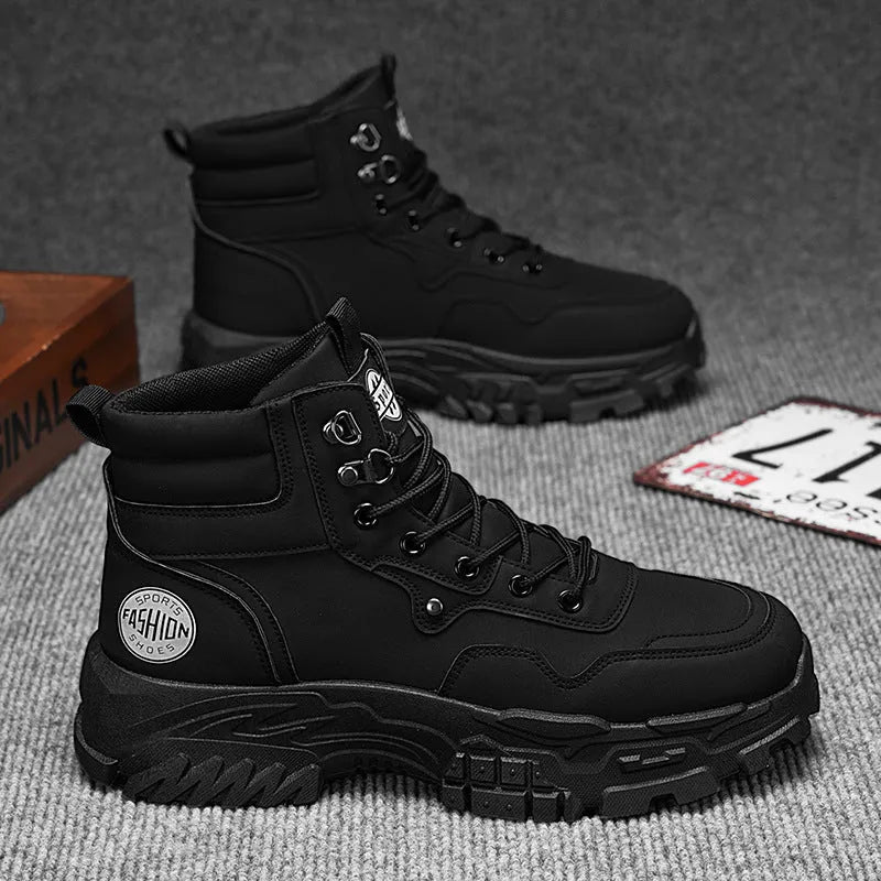 Men's black and yellow Martin boots with artificial PU upper and mid heel