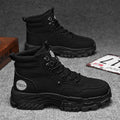 Men's black and yellow Martin boots with artificial PU upper and mid heel