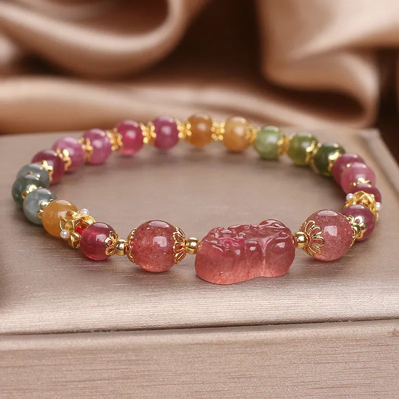 Candy colour tourmaline strawberry quartz Pi Xiu bracelet for women with 17cm length