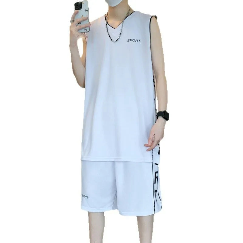 Basketball sports vest and shorts set in polyester mesh fabric showing sleeveless design