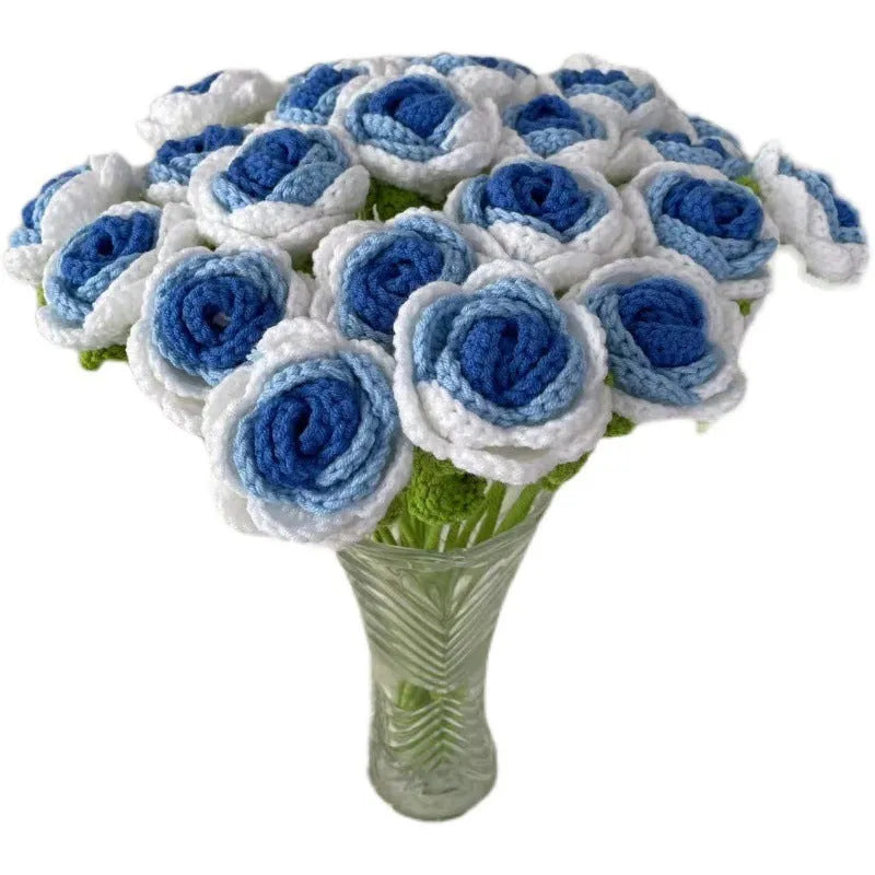 Artificial silk rose bouquet with blue gradient wool-weave petals on a single stem.