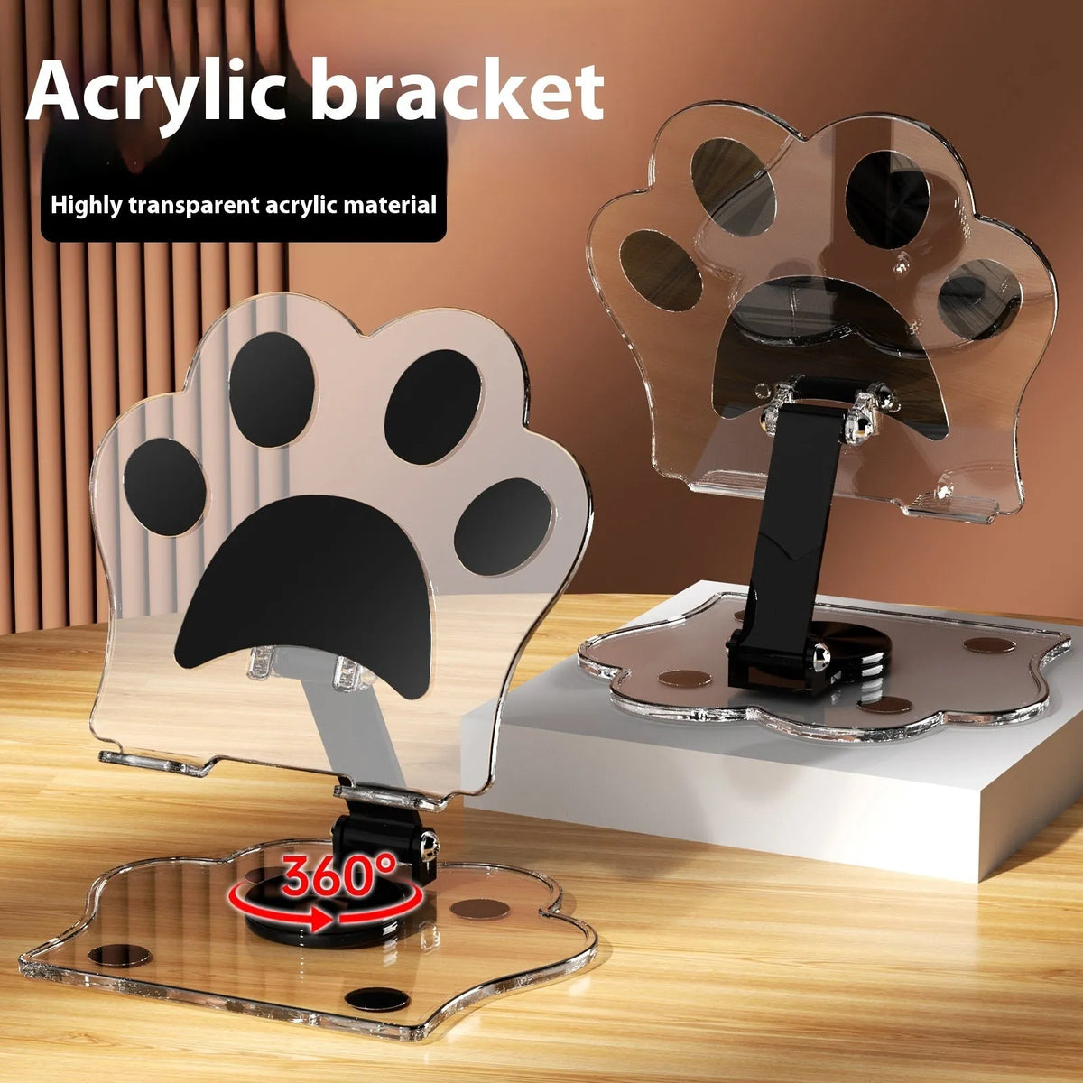Transparent acrylic rotating mobile phone stand in cartoon style, available in five colours.