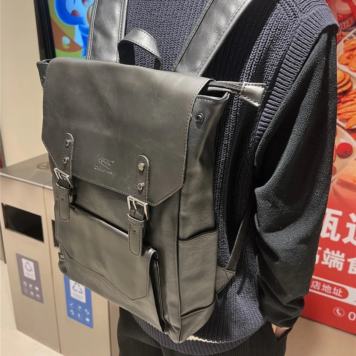 Unisex large capacity travel backpack in solid colour with breathable PU construction
