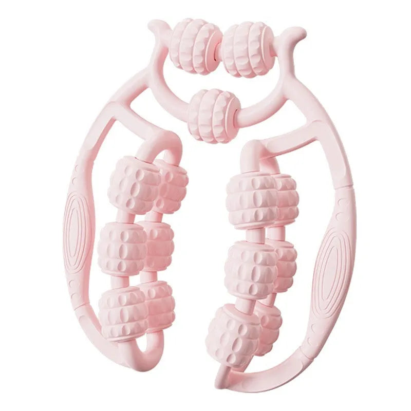 Handheld ring clip leg massage roller in choice of colours with double-row wheels.