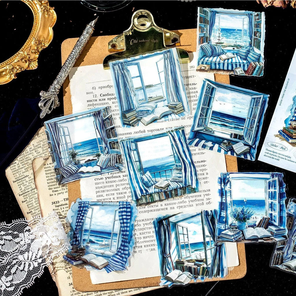 Window Story Series journal decorative stickers showing six colour themes with retro window scene designs