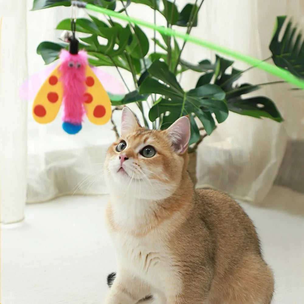49cm cat wand toy with colourful dragonfly attachment and small bell for indoor cat play