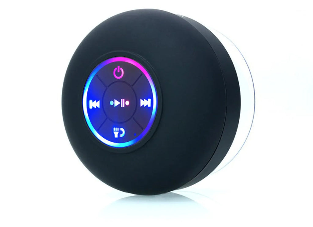 Large suction cup waterproof Bluetooth audio speaker with integrated lighting in multiple colour options