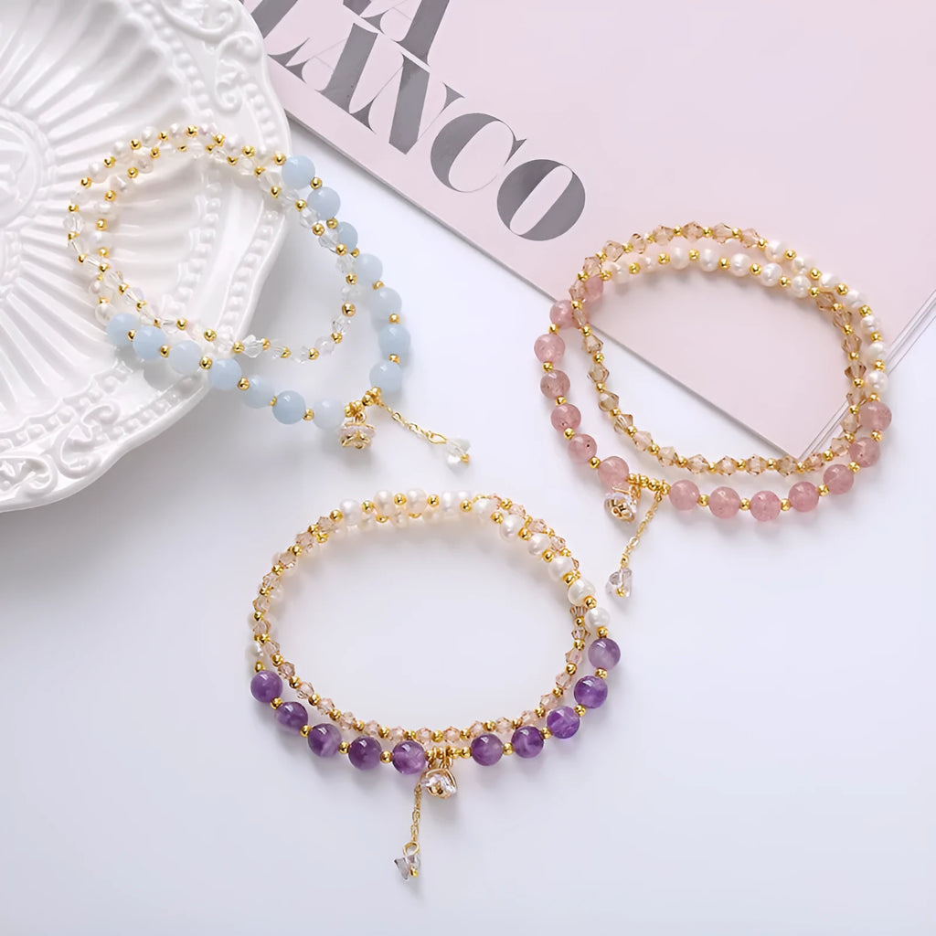 Freshwater pearl and crystal double ring bracelet in strawberry quartz, amethyst, or aquamarine