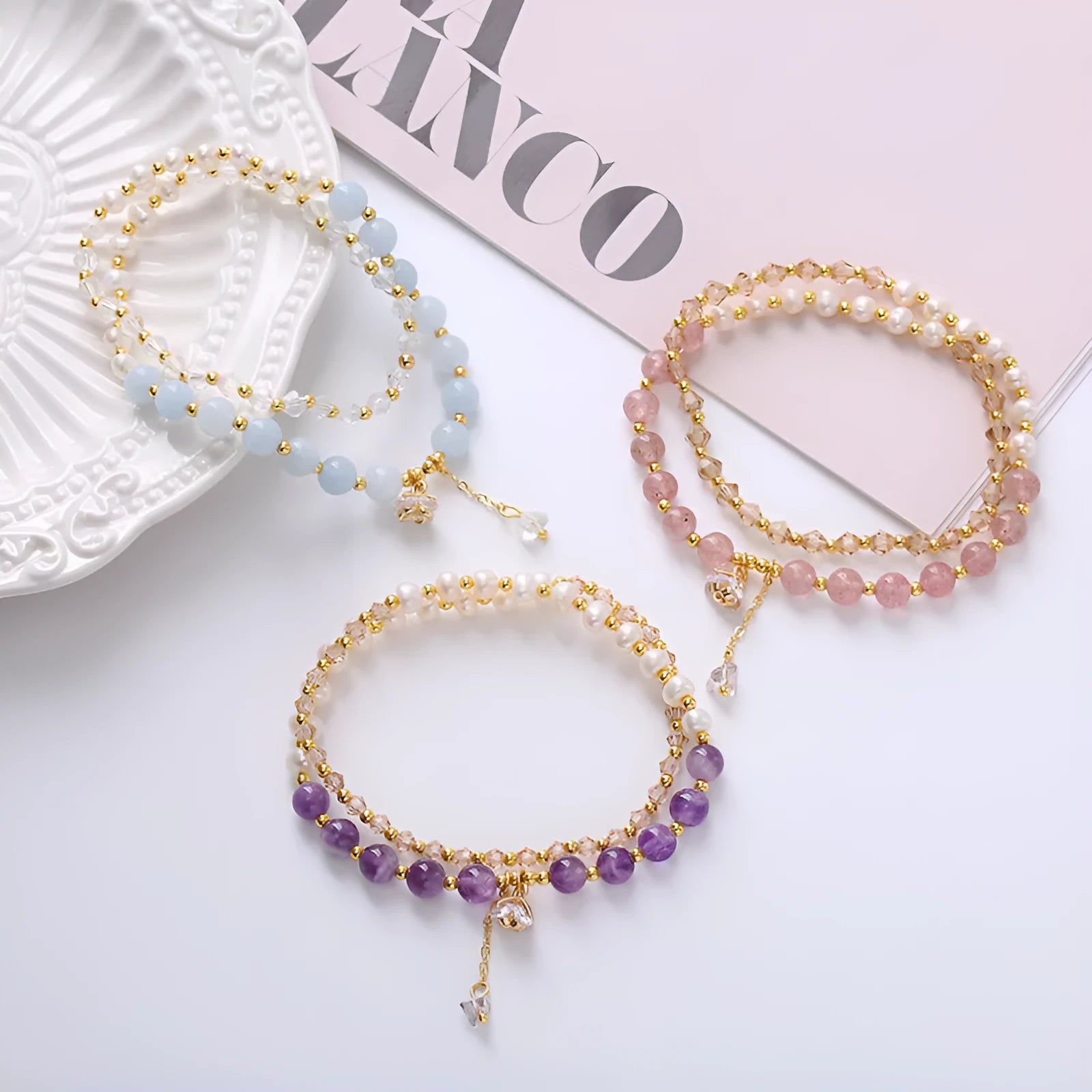 Freshwater pearl and crystal double ring bracelet in strawberry quartz, amethyst, or aquamarine
