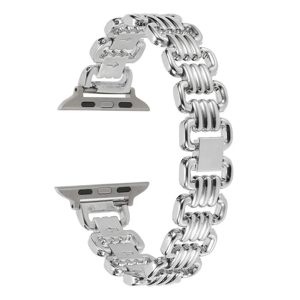 Alloy metal ladies watch bracelet for Apple Watch in silver, black, gold, rose gold, and Starlight colours, sizes 38-49mm