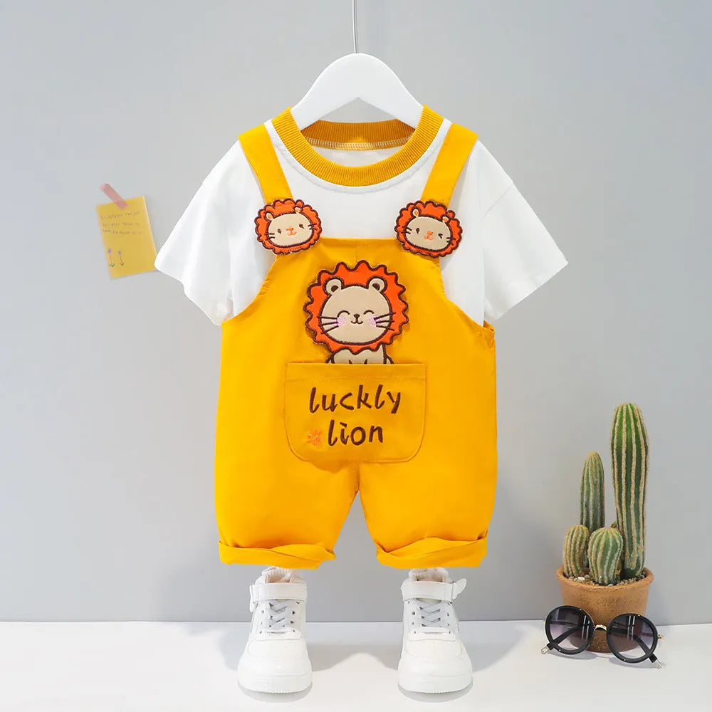 Children's cotton overalls with cartoon straps in yellow, Korean-style summer romper for babies