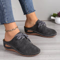 Women's Baotou lace-up slippers with hollow-out wedges in suede upper and rubber sole.