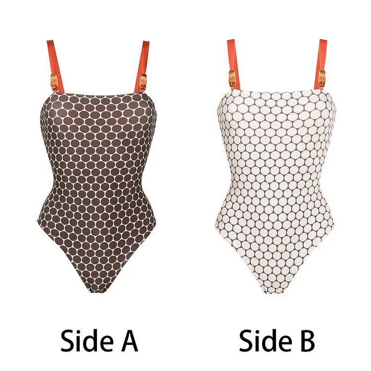 Women's printed dots pattern one-piece swimsuit with matching wrap skirt, shown in multiple colours.