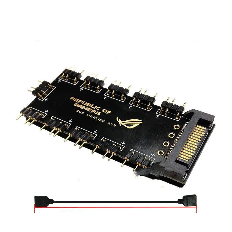 Black 10-port PC RGB lighting hub with 5V motherboard cable and SATA power connector.