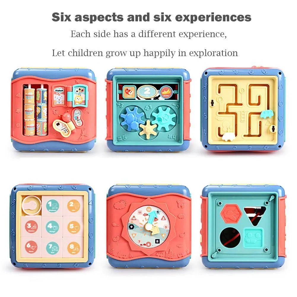 Montessori hexahedron educational toy with six different learning activities on each side