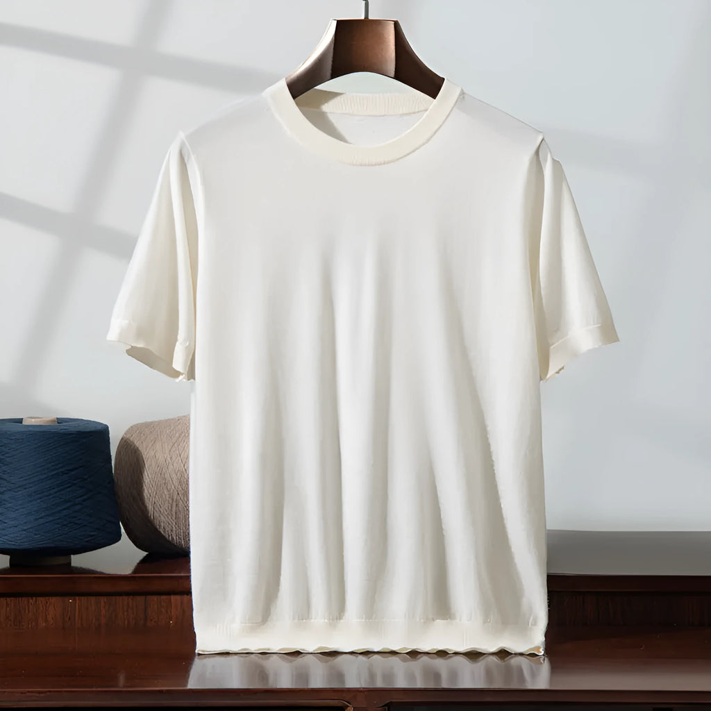 Men's thin knitted wool short sleeve casual shirt in loose fit design