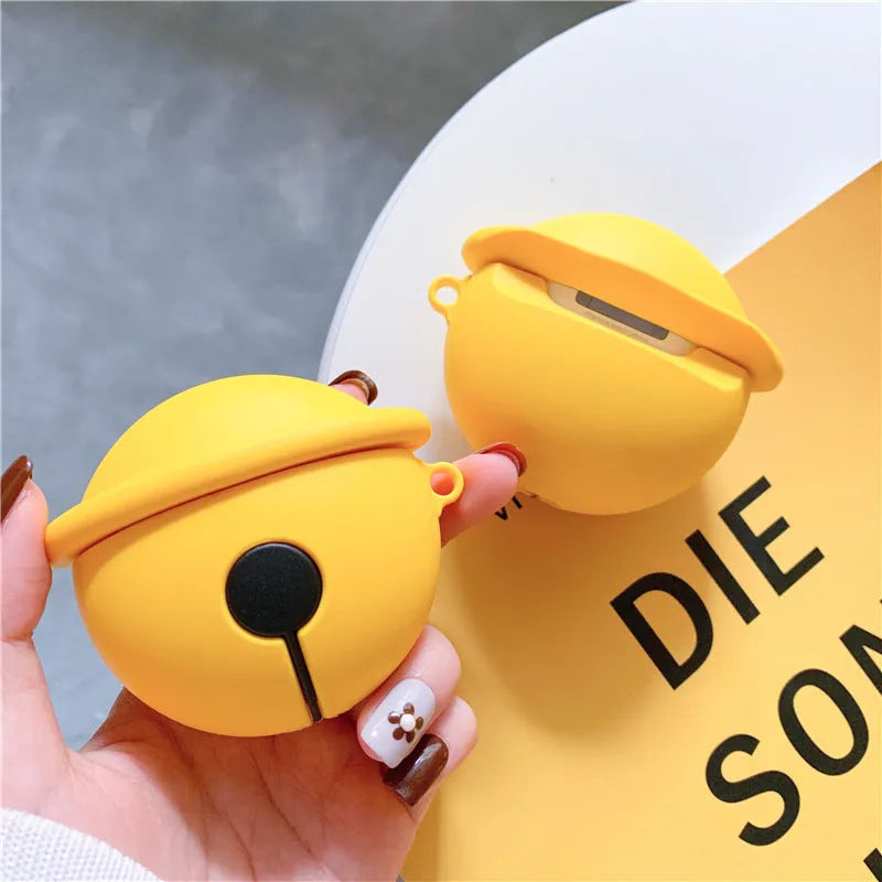 Yellow bell-shaped silicone protective case for AirPods 1st and 2nd generation with a keyring hole.