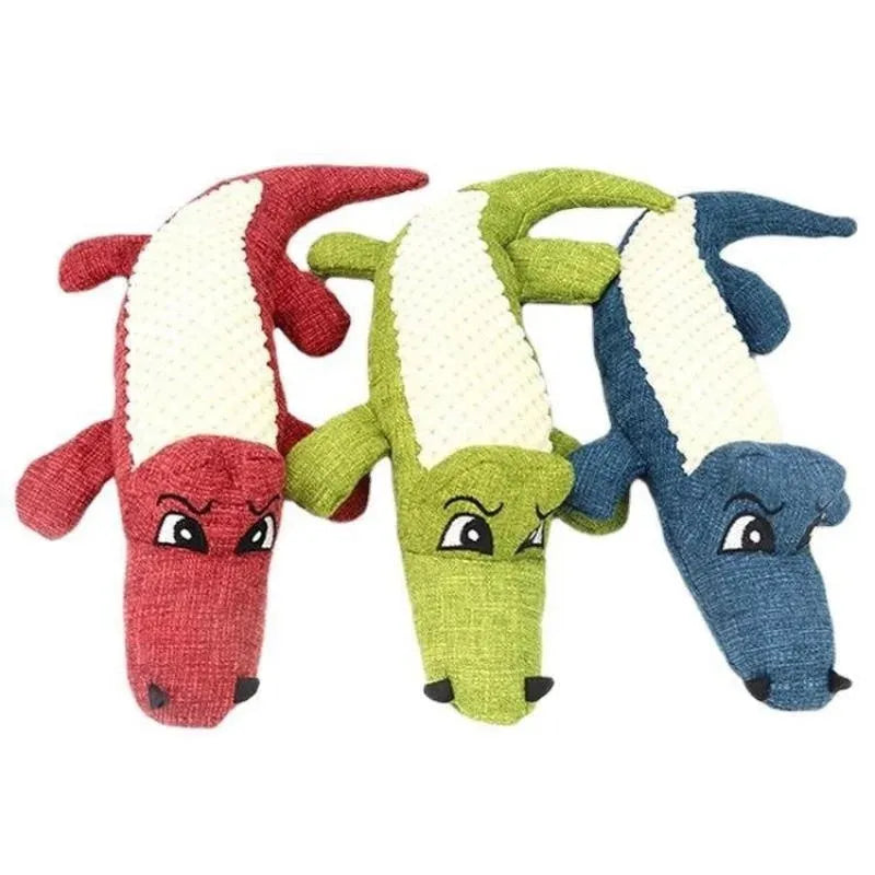 Pet plush toy in blue, green, or red with biting sound and teeth grinding texture for cats and dogs