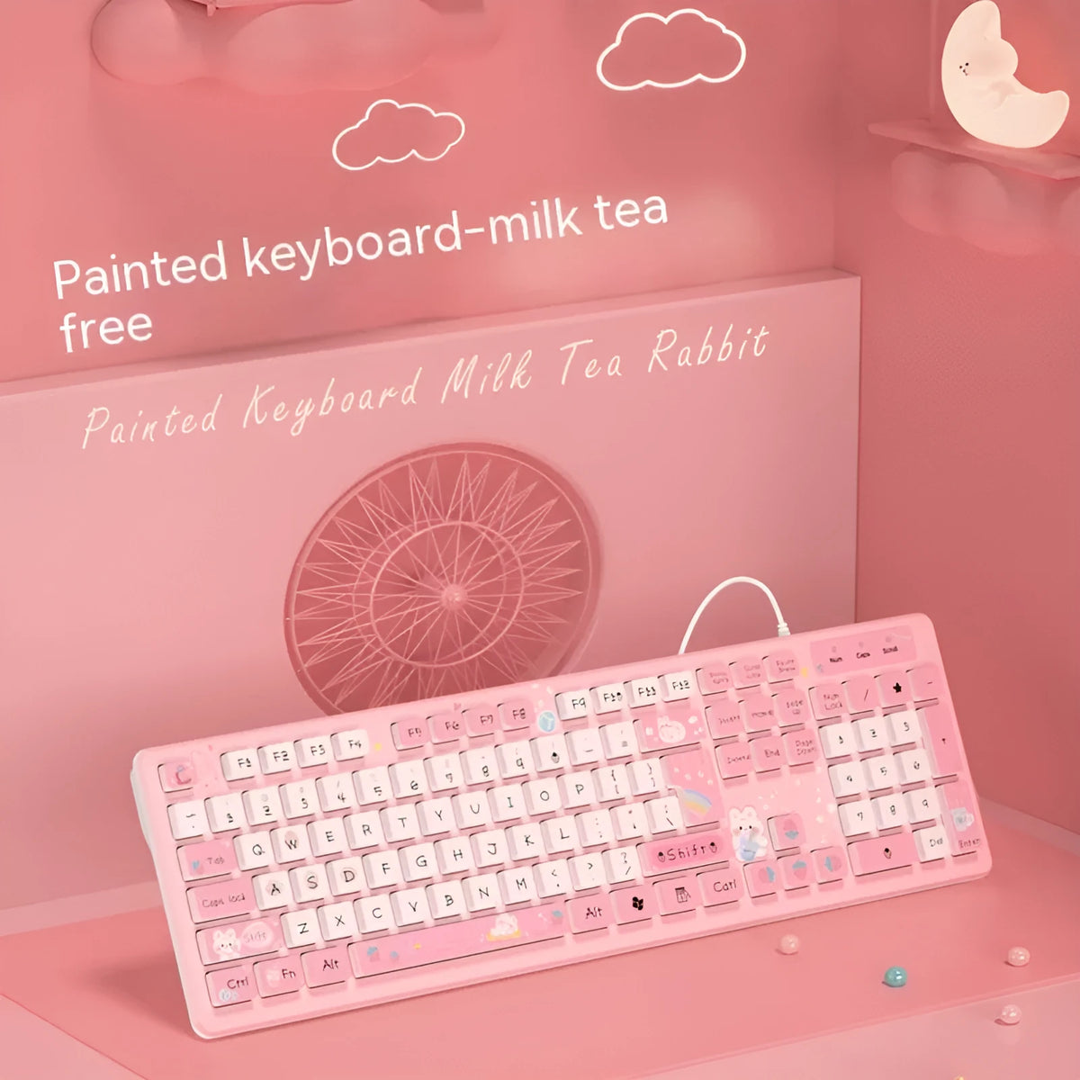 Milk tea rabbit cute chocolate keyboard in strawberry powder, ice blue, purple, green, or Iris tectorum Blue, wired or wireless.