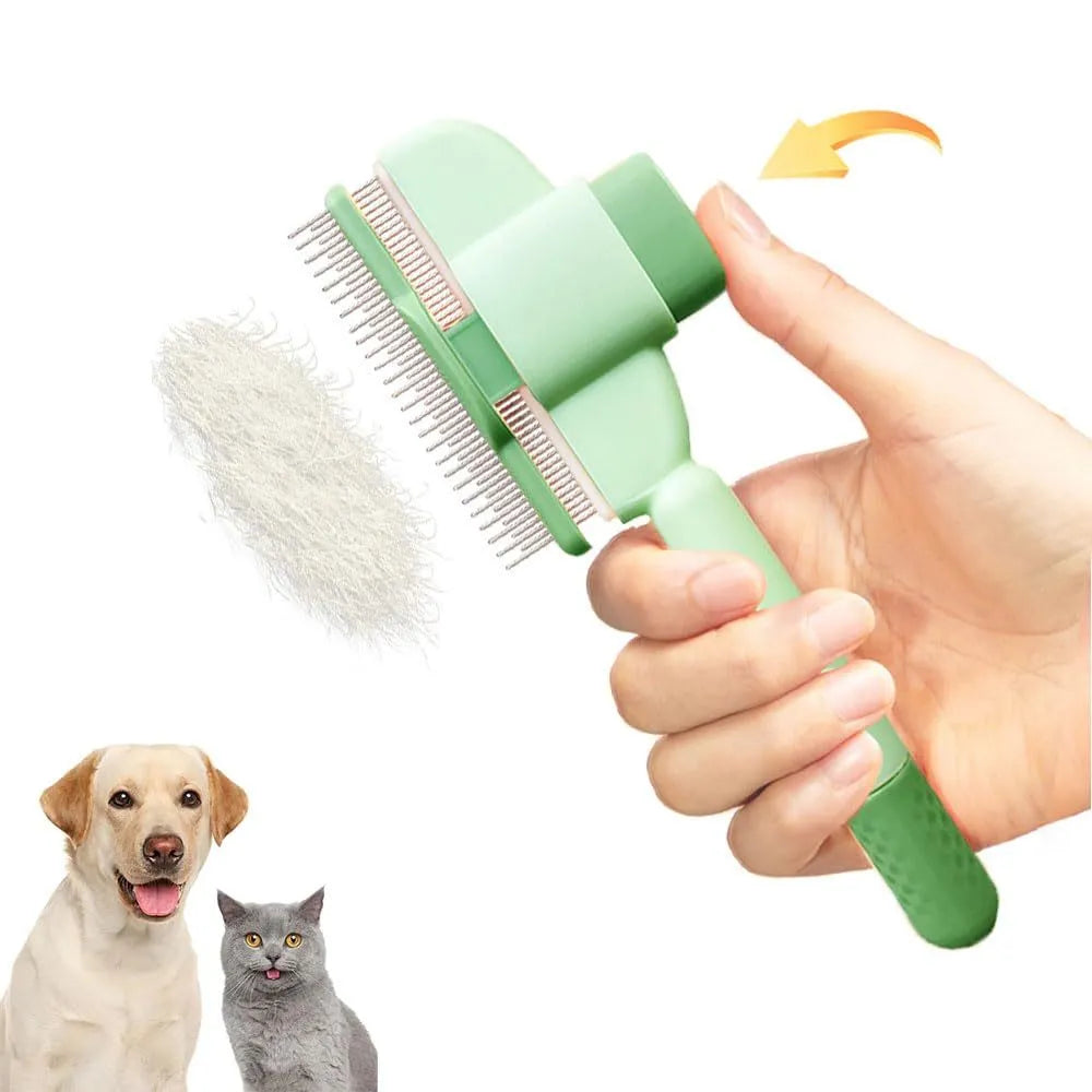 Green and yellow pet comb with stainless steel teeth and a self-cleaning release button.