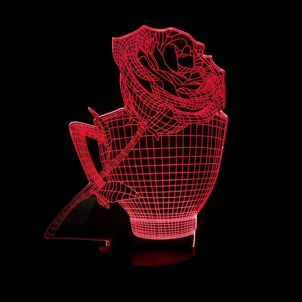 3D rose flower night light with acrylic board, ABS base, and remote control, showing seven colour options