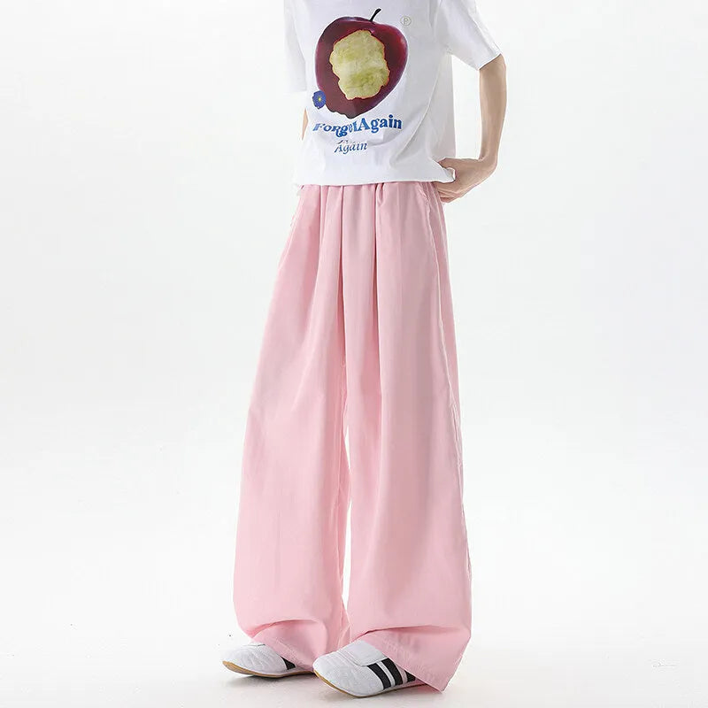 Men's wide-leg high-waist casual trousers in thin polyester blend, straight-leg drop fit, sizes M to 8XL, nine colours