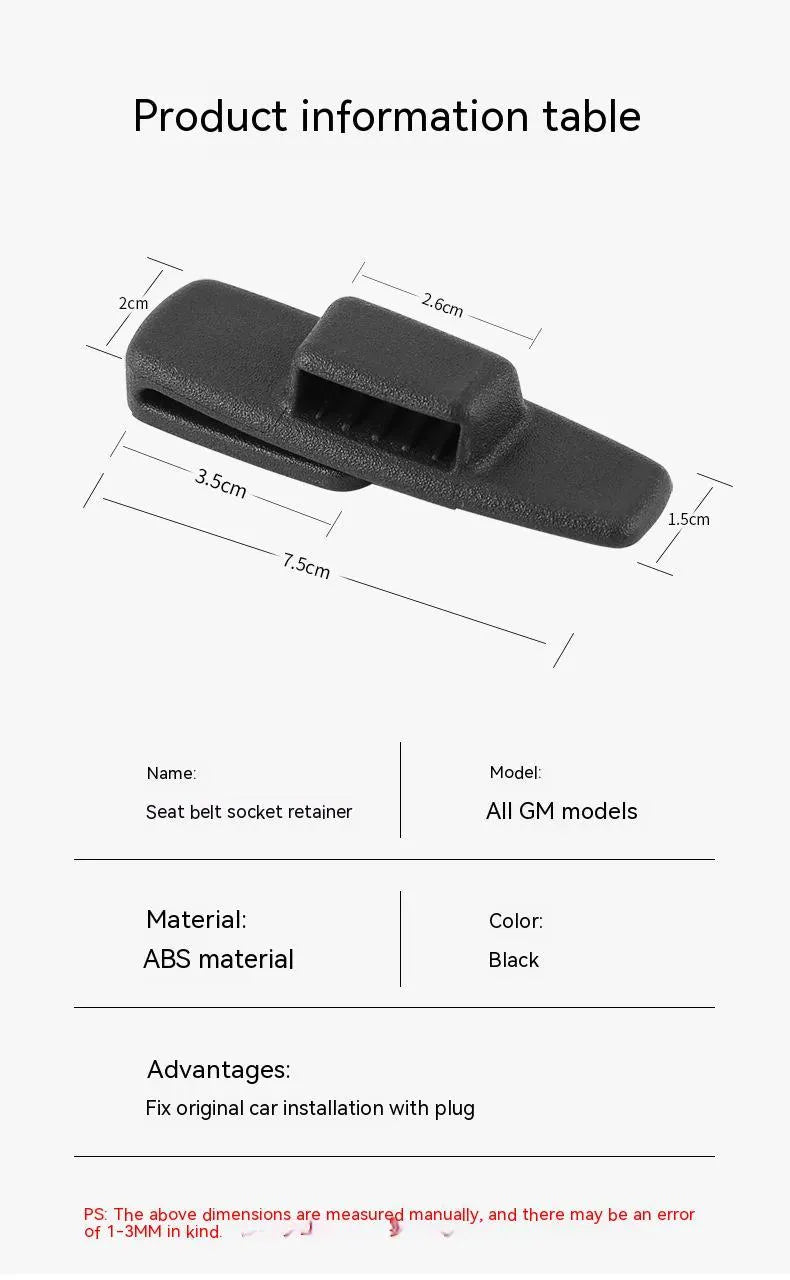 Two black ABS plastic car seat belt stopper clips with black socks in clear OPP packaging