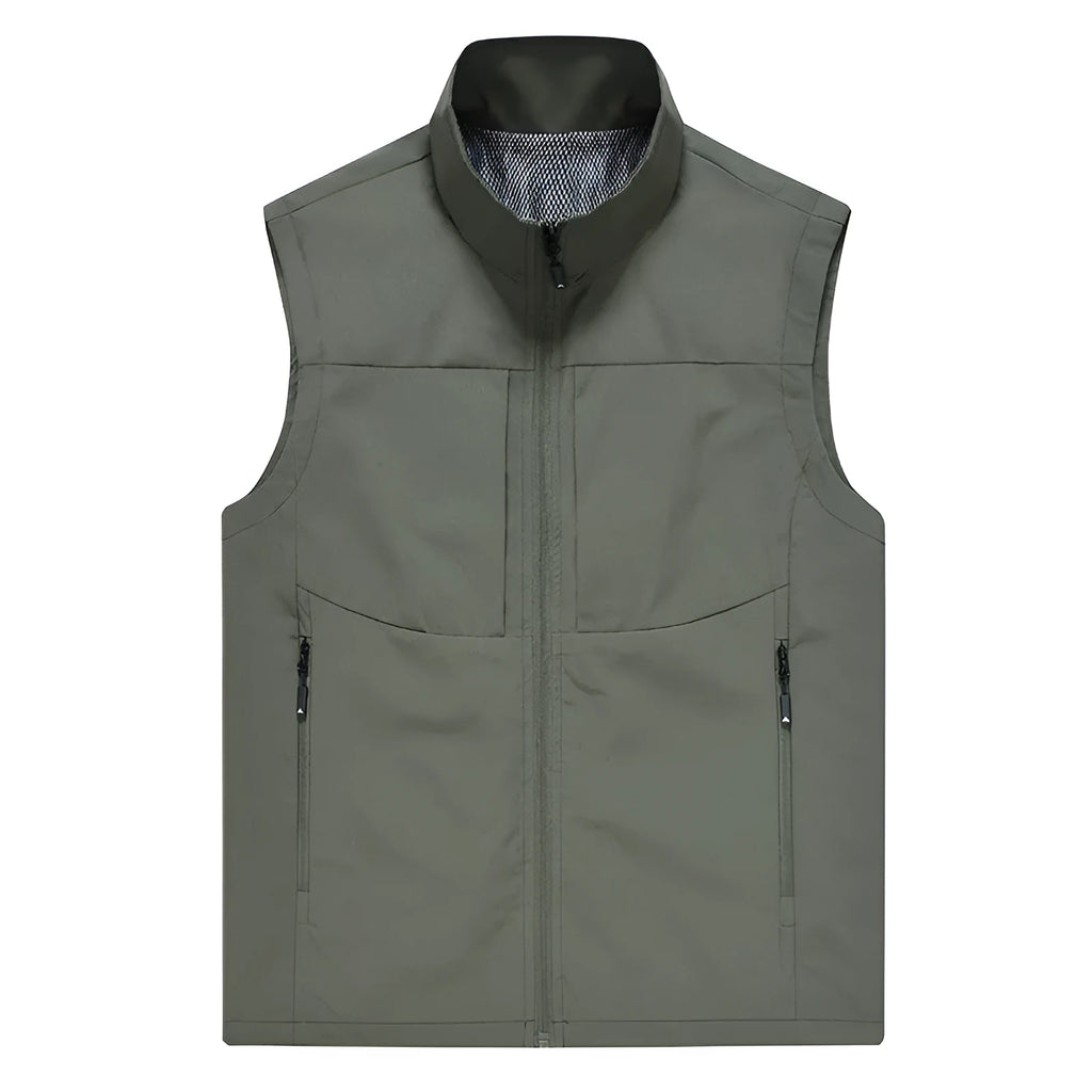 Men's loose fit cardigan vest in polyester with stand collar and zipper pockets for outdoor photography and fishing