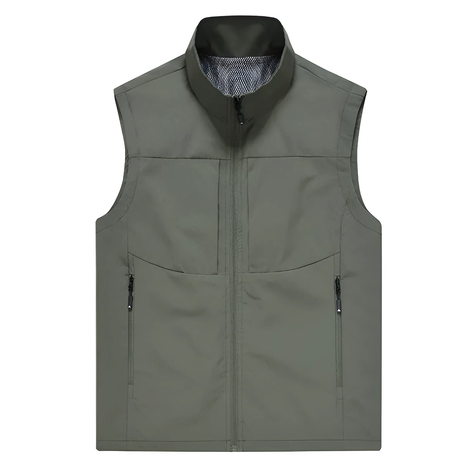 Men's loose fit cardigan vest in polyester with stand collar and zipper pockets for outdoor photography and fishing