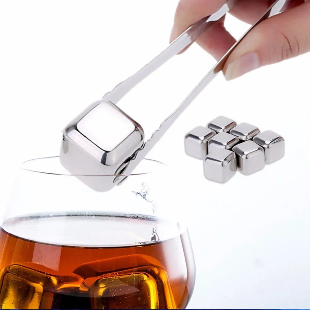 Stainless steel whiskey chilling stones in cube, ball, diamond, and heart shapes with clip