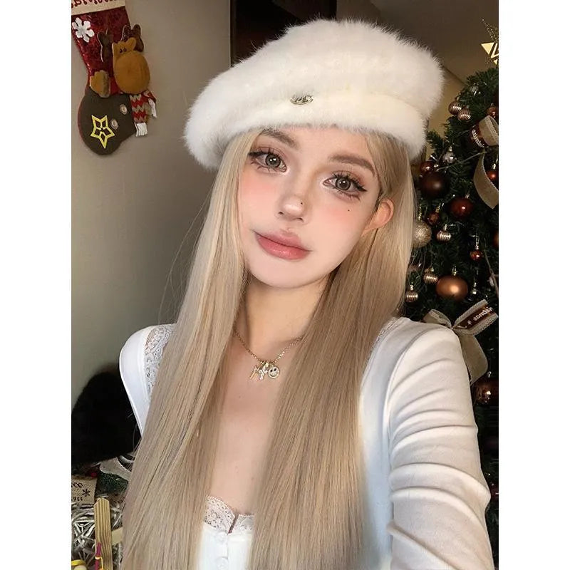 Long straight milk tea blonde synthetic wig on a model, shown with an included hair net.
