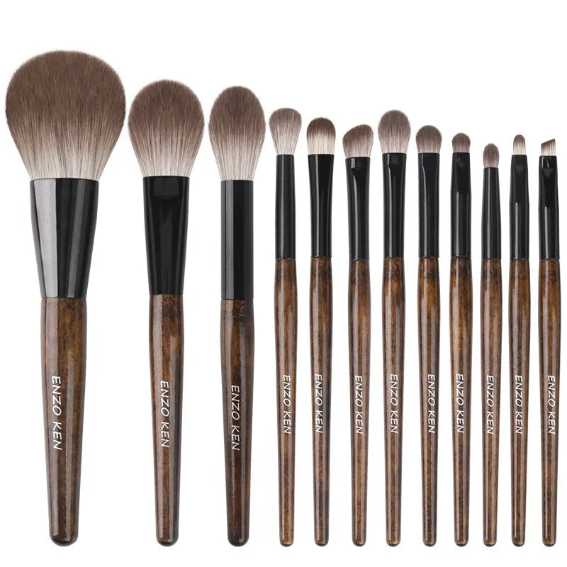 12-piece makeup brush set with wooden handles and PU travel bag for organised storage